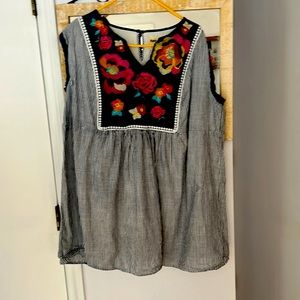 Denim Striped with embroidered floral mini dress.